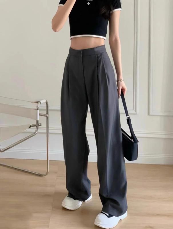レディース ワイドパンツ ロング丈 西装パンツ ゆったりシルエット 隠しカバー スリム効果 ポリエステル素材 高腰 ノンストレッチ 通勤スタイル 気質カジュアル グレー ブラック 春夏 シーズン ロングレッグ ゆったりフィット 日常使い 軽量 シンプルデ