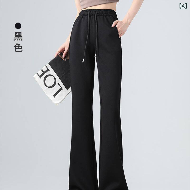 レディース 微喇 運動パンツ 高腰 ヒップアップ フレアパンツ コットン ポリエステル ミックス 素材 微弾力 切り替え デザイン 立体 装飾 ブラック グレー系 ロング丈 スリム シルエット 日常 使い 日韓 スタイル カジュアル 普段着 通勤 対応