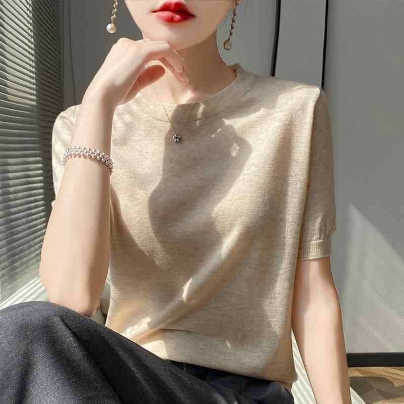 ニットトップス 女性用 春夏 薄手 羊毛 接触冷感 半袖 丸首 ゆったりシルエット 単色 ビッグサイズ 免・聞加工 気質通勤 セットアップ セットオンスリーブ スタンダードレングス ナビーブルー オレンジ ピンク ブラック グレー キャラメル ベージュ キ