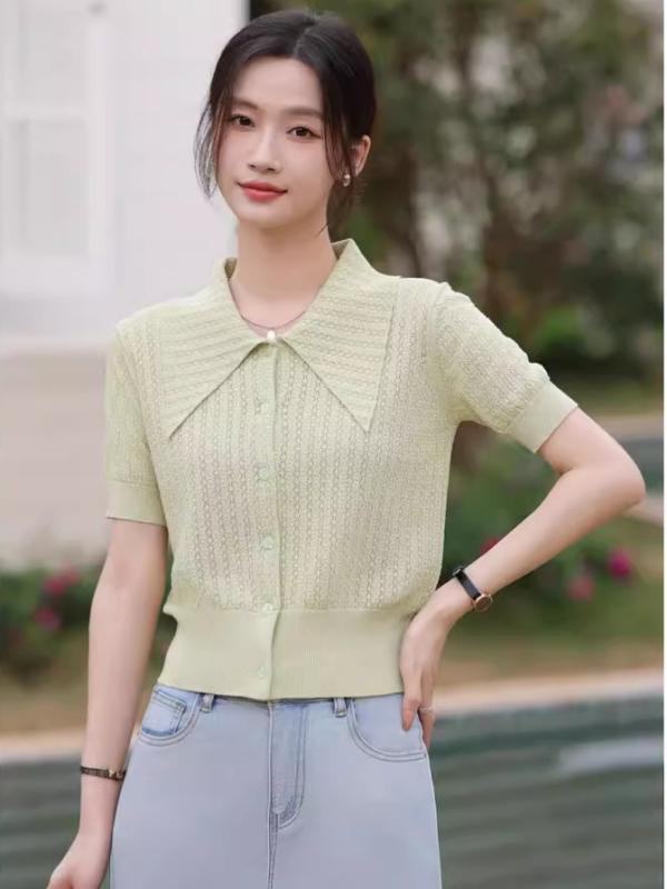 レディース トップス 接触冷感 針織 カーディガン 春夏 ピンク ブラック グリーン ポロカラー 3分袖 ゆったり シングルボタン 気質通勤 日常使い 吸湿速乾 伸縮性 再生繊維 粘膠 ナイロン 混紡 単品 優雅 ルーズフィット ソフト 軽量