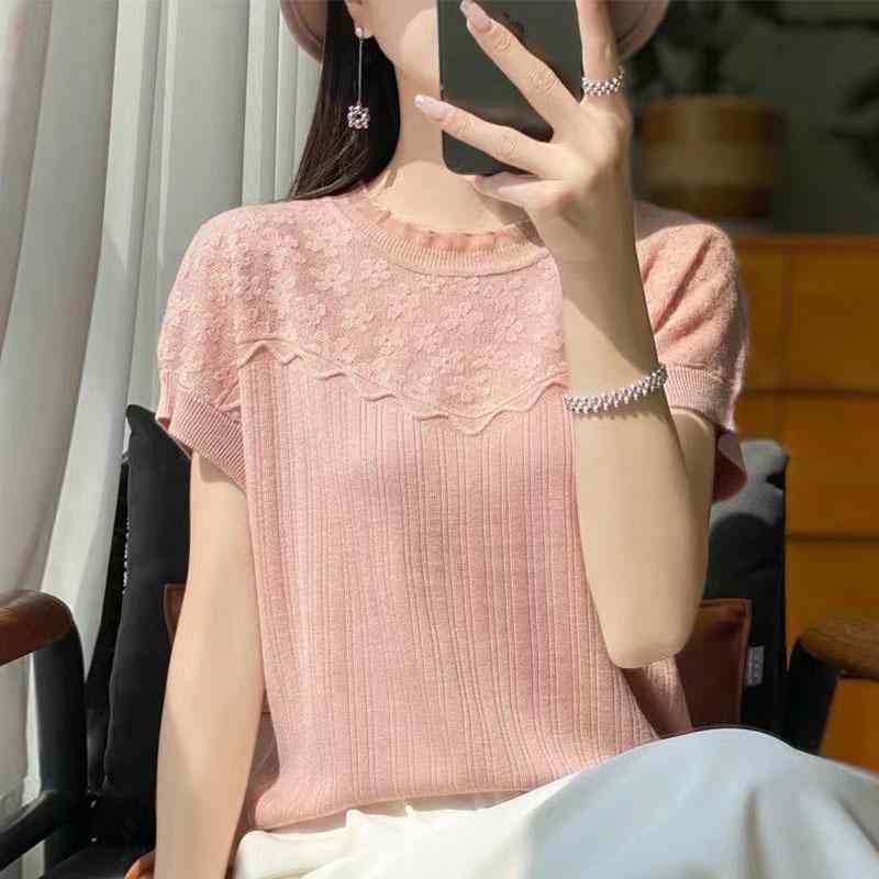 ニット トップス レディース 春夏 短袖 接触冷感 レース 花柄 切り替え 薄手 ゆったり ルーズフィット ラウンドネック 半袖 花卉プリント 植物モチーフ ピンク ブラック グリーン アイボリー ホワイト 通勤 カジュアル 吸湿速乾 軽量 インナー 打