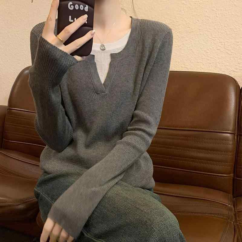 ニット トップス レディース 春夏 ブルー 長袖 ゆったり シルエット ダブルレイヤー ネック 切り替え デザイン インナー レイヤード 服 日韓 スタイル ゆったり風 柔らか素材 吸湿速乾 軽量 接触冷感 伸縮性 通勤 普段使い