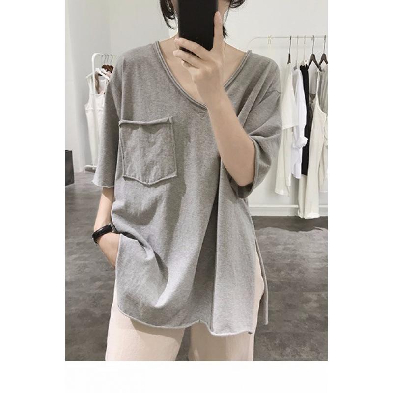 Tシャツ レディース 夏用 コットン 接触冷感 短袖 Vネック 開き 切り替え ゆったり スリム 韓国風 巻き縁 前短後長 アシンメトリー 純色 パッチ 気質 通勤 都市風 快適 ゆったりシルエット 綿素材 95% コットン トップス 女性用 学生服 日