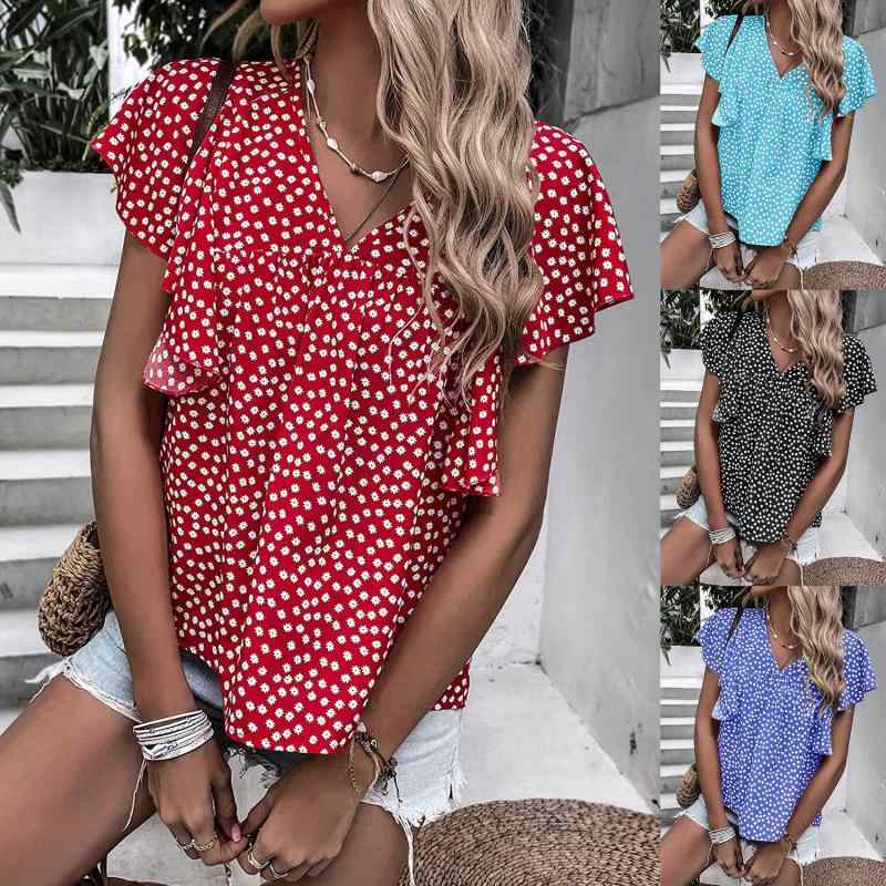レディース トップス ボヘミアン 花柄 Vネック 短袖 ゆったり Tシャツ シャツ ?? ・届? 混合素材 デジタルプリント ゆったりシルエット 中長丈 フリル袖 ゆったり袖 花柄プリント ゆったり裾 気質 通勤 快適 ゆったり ブラック 赤 橙 ブルー