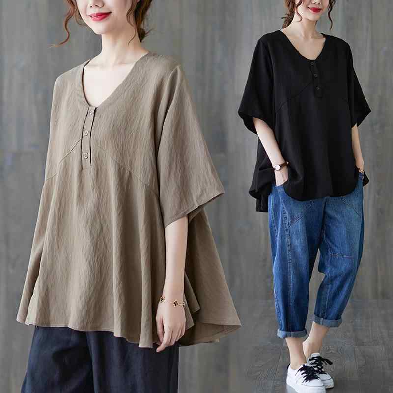T シャツ レディース 大きいサイズ 女性用 中年向け ゆったり トップス V ネック 中袖 綿麻 素材 純色 ブラック ホワイト ライトブラウン 普段使い 部屋着 軽量 通勤 春夏 秋 接触冷感 吸湿速乾 伸縮性 カジュアル スタイル