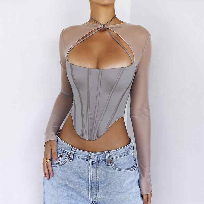 レディース Tシャツ セクシー Vネック 透け感 切り替え 純色 不規則 ロングスリーブ トップス ショート丈 綿ポリエステル 混紡 素材 街頭 ファッション セクシー スタイル 軽量 通気性 吸湿速乾 春夏 シーズン グレー カラー ビッグシルエット