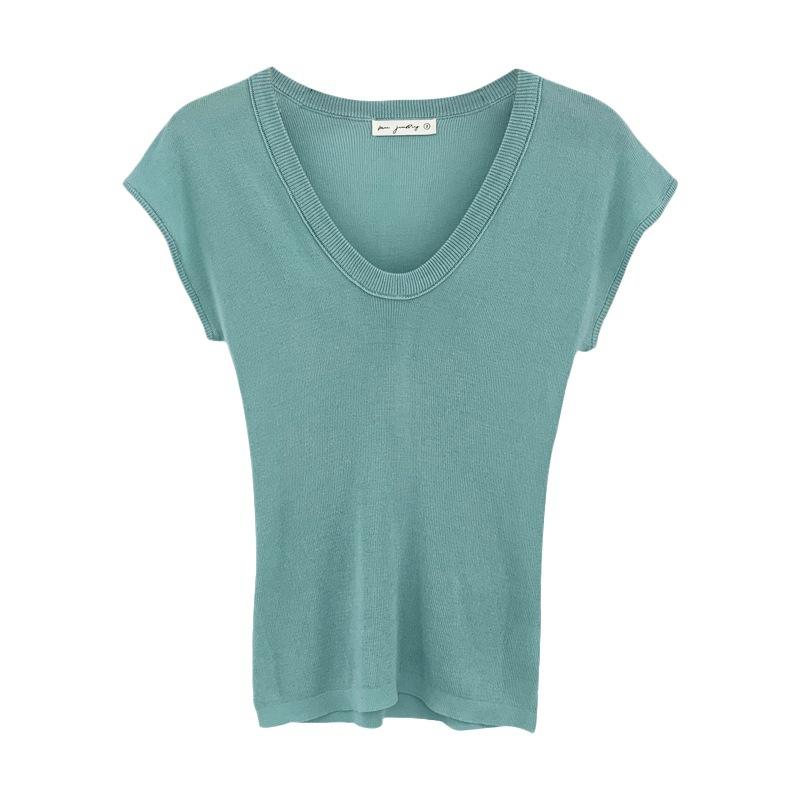 Vネック ニット トップス 女性用 ゆったり リラックス フィット 短袖 Tシャツ 通勤 普段使い 気質 スタイル 直筒 修身 タイプ 純色 ?? 素材 接触冷感 吸湿速乾 軽量 伸縮性 ブラウス インナー アイボリー ブルー ピンク系 ベージュ グレー
