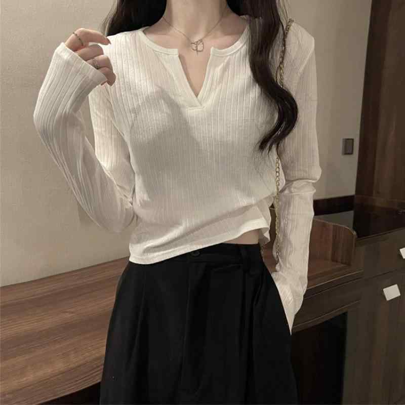 Tシャツ 女性用 春夏 長袖 Vネック 修身 短丈 インナー 切り替え デザイン ポリエステル 素材 純色 セットアップ トップス かわいい スタイル 軽量 伸縮性 ブラック グレー ホワイト