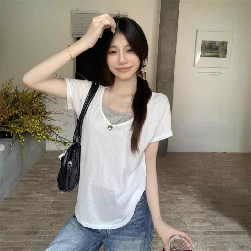 Tシャツ レディース 春夏 Vネック 切り替え カラーブロック 偽ツーピース ゆったり 短袖 トップス 灰色 白色 綿素材 吸湿速乾 軽量 伸縮性 日常使い カジュアル ルームウェア 日韓風