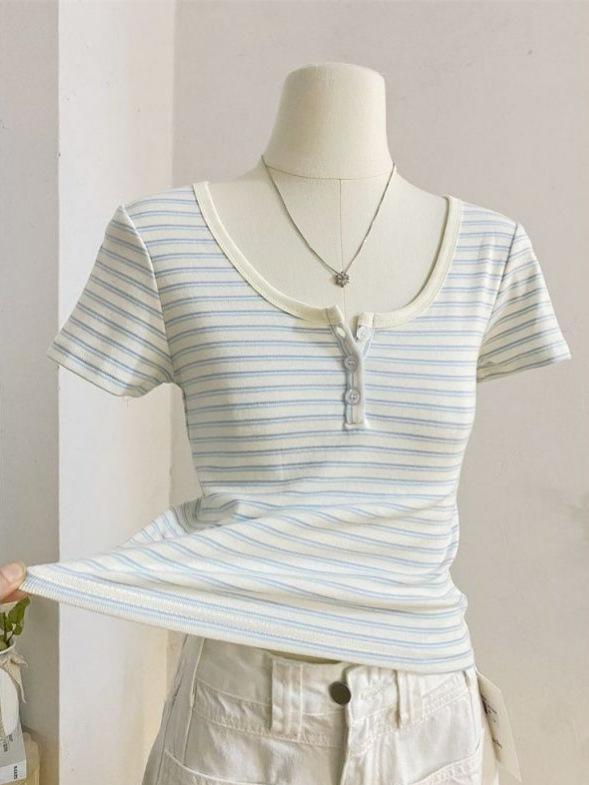 Tシャツ 女性用 かわいい 甘め 短袖 プチスタイラー向け 韓国風 春夏 短め上衣 コットン ポリウレタン ストライプ柄 チェック柄 セットインスリーブ ノンアイロン加工 スリムフィット クロップド丈 クルーネック コントラストカラー ピンク ブルー シ