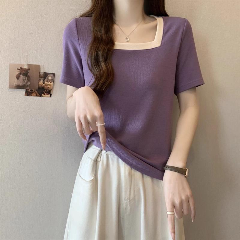 Tシャツ レディース 短袖 スクエアネック 切り替え ゆったり 大きいサイズ 紫 緑 黒 ベージュ ポリエステル 伸縮性 ゆったりシルエット 体型カバー 気質 通勤用 都市スタイル 普段使い トップス