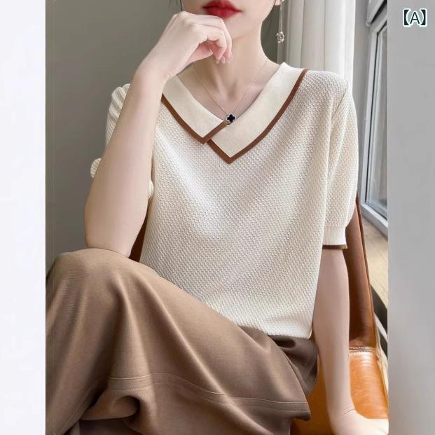Tシャツ レディース 春夏 斜めボートネック 天? レイヨン 混紡 短袖 トップス 切り替え 色ブロック デザイン ヒューマン スリム フィット 通勤 スタイル 気質 かわいい ベージュ ピンク ブラック 軽量 吸湿速乾 伸縮性 ビッグシルエット Vネッ