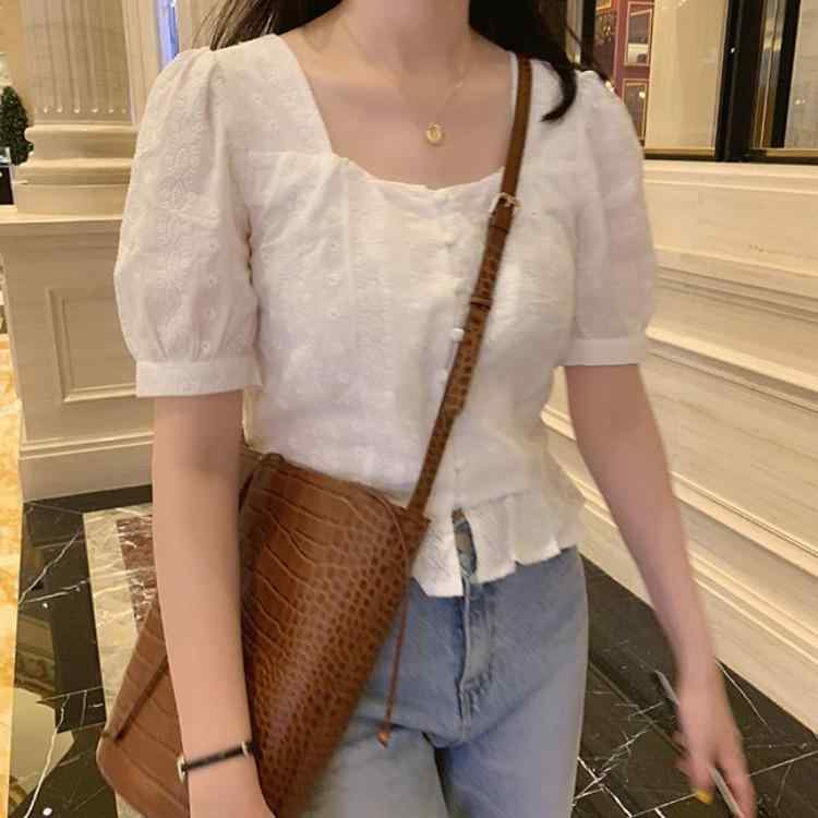 トップス 女性用 フレンチスタイル スクエアネック レース 短袖 シャツ 泡泡袖 ロックボーン デザイン 綿素材 レース切り替え 純色 ホワイト ゆったりシルエット 短丈 韓国風 カジュアル 快適 吸湿速乾 軽量 春夏 普段使い 通勤