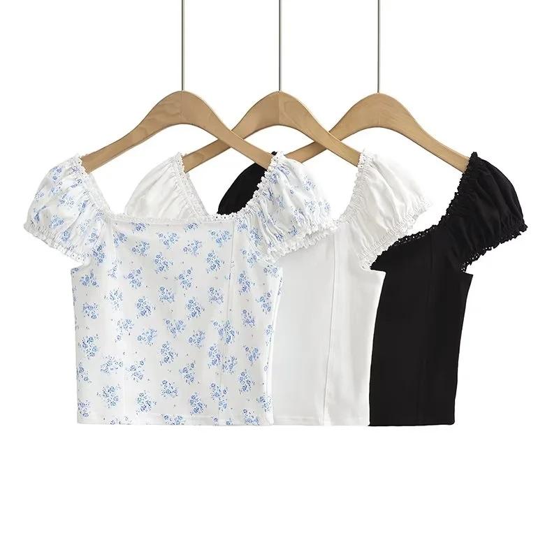 Tシャツ 女性用 春夏 方領 短袖 フリル袖 フラワー柄 レース切り替え コットン ストレッチ 軽量 セクシー かわいい 私服 トップス ブラウス 白 黒 花柄 S M L