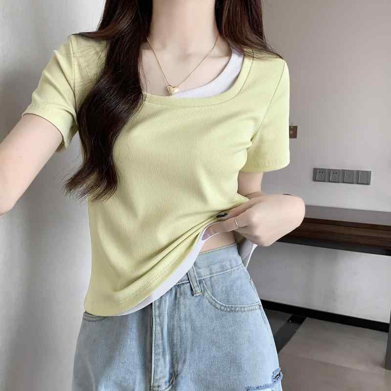 Tシャツ レディース 短袖 夏用 方領 切り替え ツートーン 修身 短丈 トップス 韓系 かわいい 杏色 白色 ベージュ グレー コーヒーブラウン ブラック コットン風 軽量 吸湿速乾 通勤 普段使い ビッグシルエット