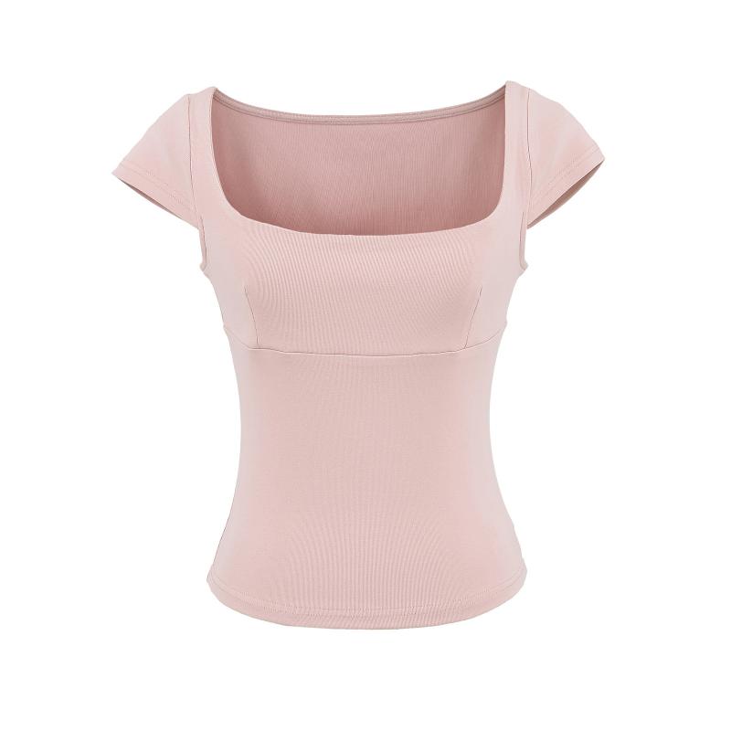 トップス 女性用 純欲風 休? 方領 短袖 Tシャツ 打底シャツ セクシー スリム セーター コットン 混紡 ストレッチ ソリッドカラー セットイン 普通丈 50-65cm 切り替え デザイン ブラック ホワイト グレー ピンク ミルクティー ベージュ