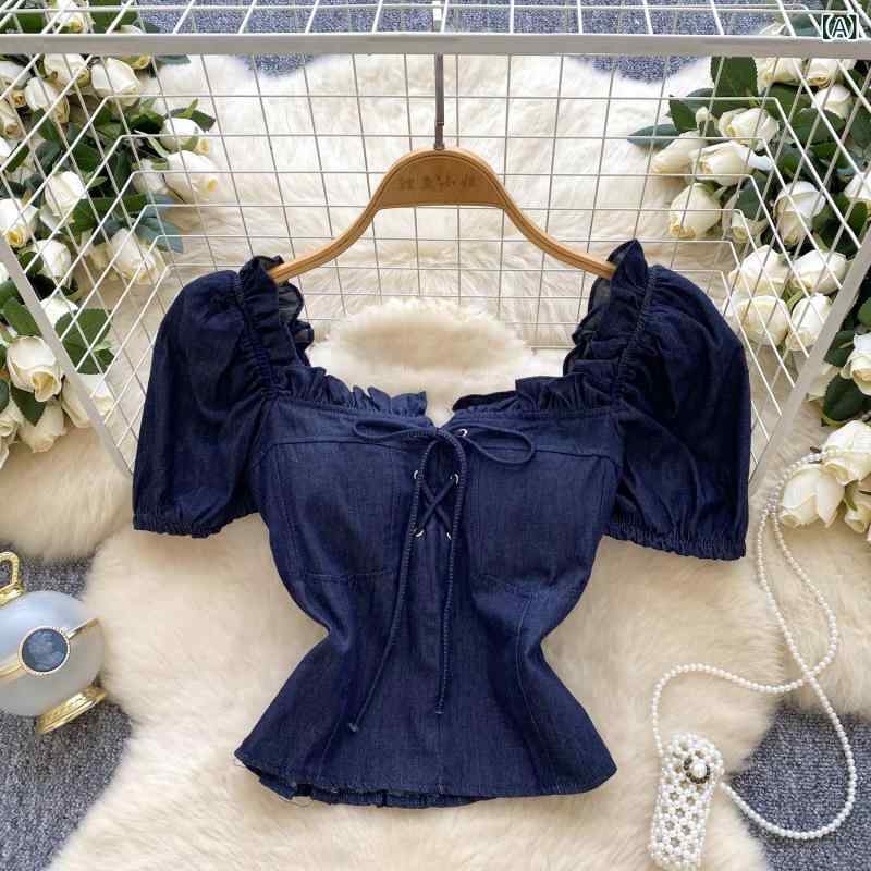 Tシャツ 女性用 デニム トップス 方領 泡泡袖 短袖 木耳縁 紐 ショート丈 露? 切り替え 3D 立体柄 ゆったり 伸縮性 深紺 ライトブルー グリーン 通勤 気質 夏 吸湿速乾 軽量 接触冷感 普段使い デイリー カジュアル