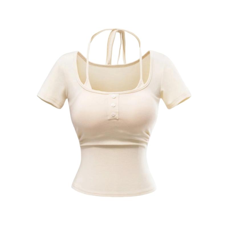 Tシャツ 女性用 短袖 ハンギングネック タイバック 偽二枚重ね 胸パッド 修身 プリーツ 短丈 上衣 トップス ブラウス 純色 方領 セットインスリーブ ボーダー加工 スリムフィット 黒 ミルクホワイト ベビーブルー パステルイエロー ライトパープル