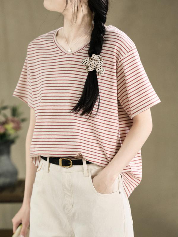 Tシャツ 女性用 春夏 赤ストライプ Vネック 短袖 ルーズフィット 柔軟綿素材 切り替えデザイン 百搭 スリム効果 復古スタイル 吸湿速乾 軽量 トップス ブラウス カジュアル 普段使い 通勤