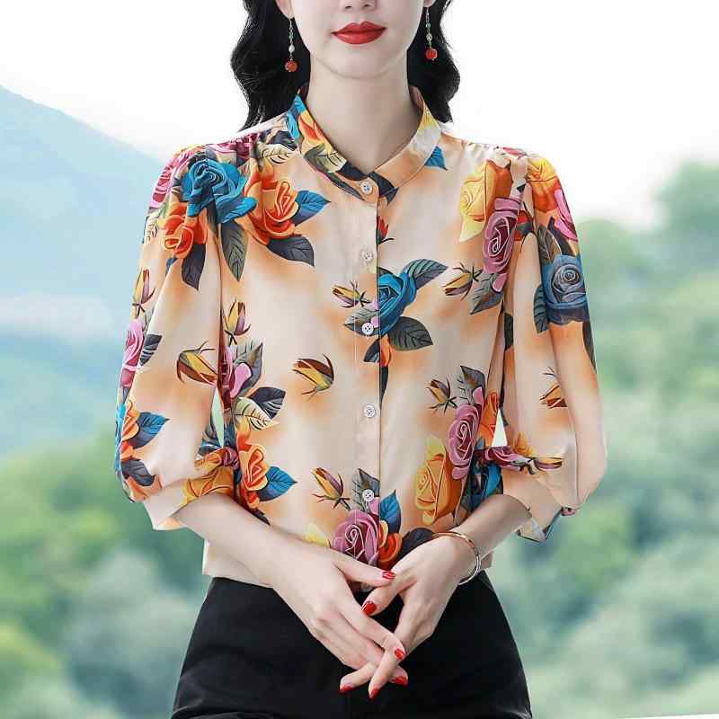 シャツ レディース 春夏 緑花柄 ・柑其花柄 赤花柄 青花柄 七分袖 泡泡袖 ハングネック ゆったりシルエット インナー シャツ トップス 気質通勤 都市風 プリント 切り替え ボタン 偽サテン アクセサリー 吸湿速乾 軽量 伸縮性 接触冷感 綾織り 再生