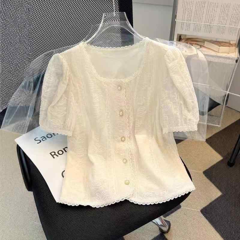 ブラウス 女性用 春夏 雪紡 接触冷感 トップス シャツ 短袖 泡泡袖 レース デザイン プリンセス袖 ポロ襟 無袖風 切り替え プリンセススタイル かわいい 爽やか 甘め 気質 優雅 軽量 吸湿速乾 通勤 普段使い カジュアル セットアップ ビッグシル