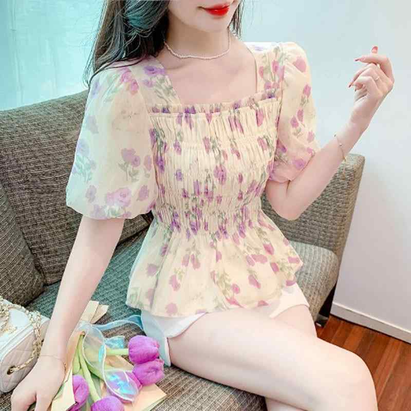 シャツ レディース 夏 短袖 フレッシュフラワー柄 シフォン ポリエステル 切り替え ウエストシェイプ フレンチ 泡泡袖 方領 セットイン かわいい 甘め 爽やか エレガント 気質 杏色 ホワイト 少女風 通勤 普段使い 軽量 吸湿速乾