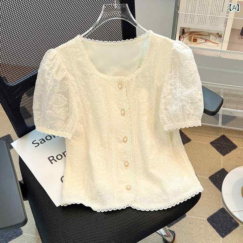 レディース シャツ トップス 短袖 泡泡袖 レース 切り替え 雪? ?? ポリエステル 素材 杏色 ピーチカラー 純色 無地 丸首 開襟 ボタン ワイドシルエット ゆったり 気質 優雅 韓国風 日韓 カジュアル 夏 春夏 軽やか 通勤 普段使い 吸湿速乾