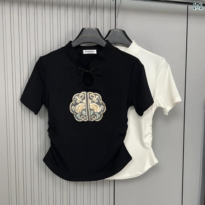 T シャツ 女性用 短袖 春夏 方領 刺繍 盤ボタン デザイン 復古風 気質 スリム トップス 醋酸繊維 ポリエステル 混合 無皺処理 純色 ブラック ホワイト 清新 甘美 少女風 軽やか 快適