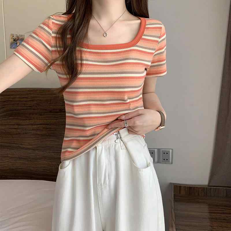Tシャツ 女性用 短袖 切り替え ストライプ 修身 トップス 気質 通勤風 接触冷感 ポリエステル 吸湿速乾 軽量 春夏 カラフル カジュアル 普段使い ブラウス Vネック ビッグシルエット アイボリー ピンク系 ブラック