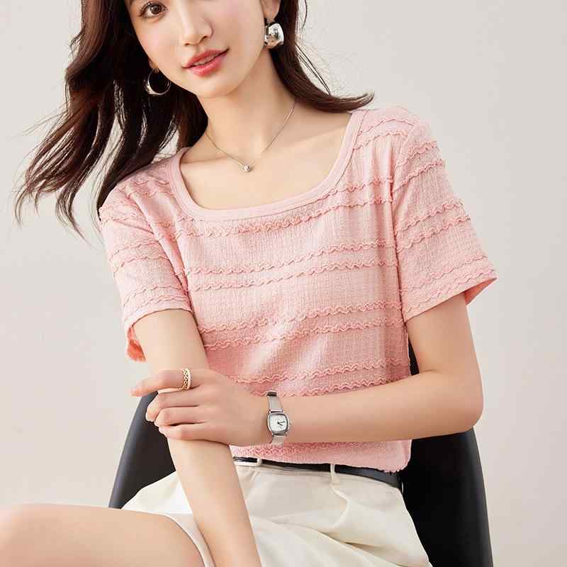 Tシャツ 女性用 短袖 法式 丸首 薄手 ニット トップス ピンク 接触冷感 切り替え 泡泡袖 立体装飾 直筒 春夏 気質 私服 普段使い 吸湿速乾 軽量 伸縮性 かわいい 小香風 スリム セットアップ ユース