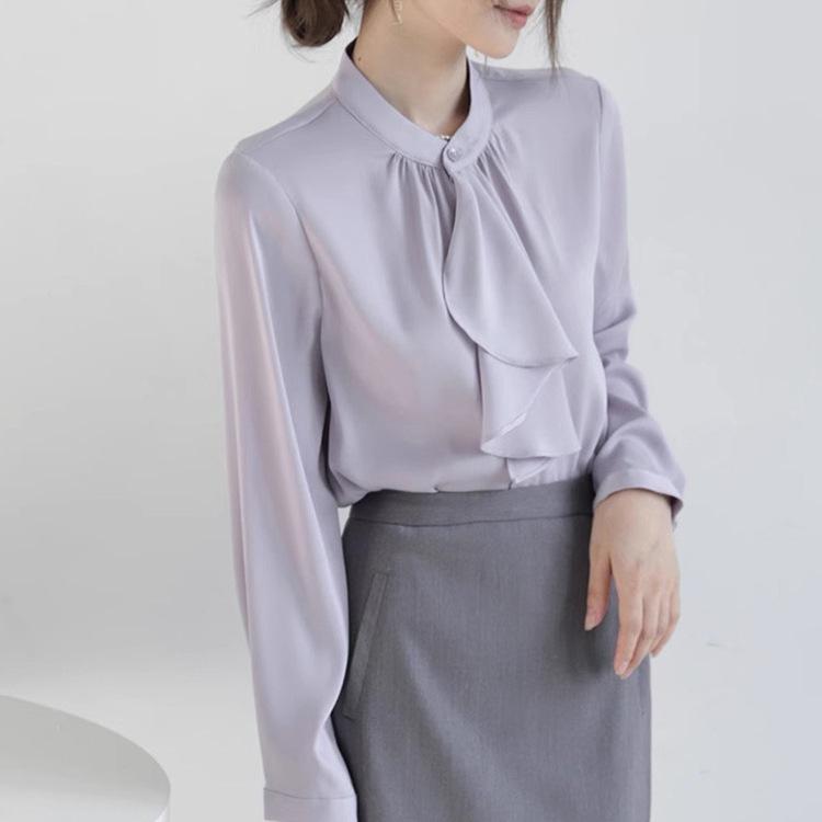 シャツ 女性用 春夏 紫色 白色 ピンク 雪?素材 ポリエステル ワイドシルエット スタンドカラー ロングスリーブ フリル ボタン 開襟 気質 通勤 快適 ゆったり トップス 長袖 上衣 軽量 通勤風 紫 ホワイト ピンク系 普通丈 単排ボタン ゆったり
