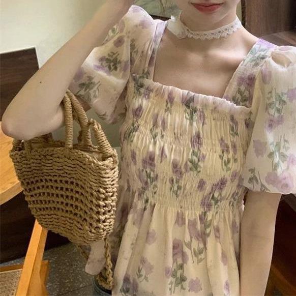 レディース トップス シャツ 春夏 短袖 方領 泡泡袖 プリント 花柄 紫花 緑花 かわいい 甘め フレッシュ 涼しい 防晒 ポリエステル 吸湿速乾 軽量 通勤 普段使い セットインスリーブ フレアスリーブ インナー UVカット 防紫外線 薄手 通気性