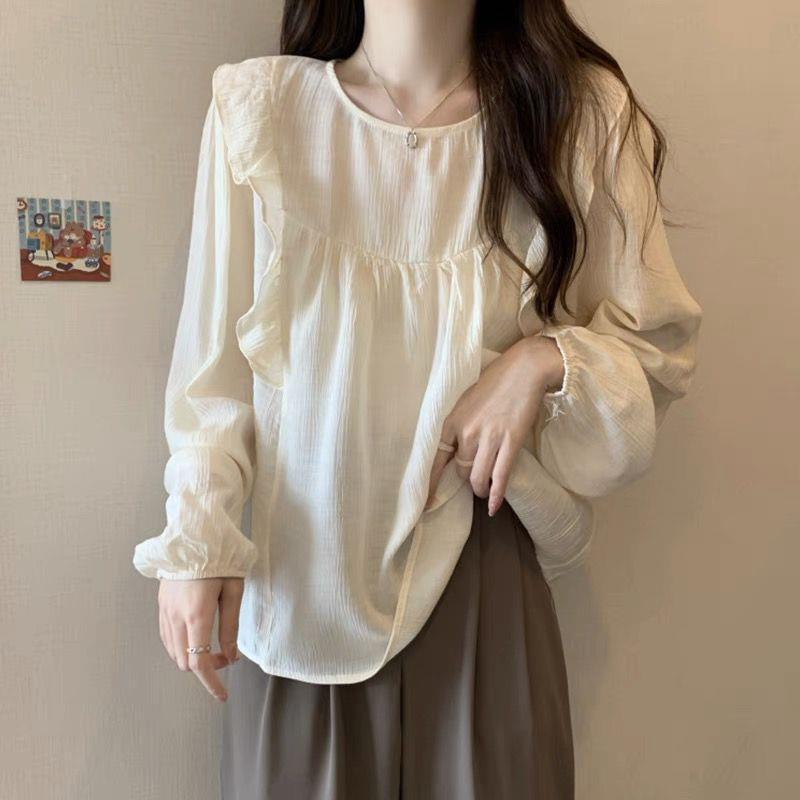 フレンチスタイル トップス 女性用 大きいサイズ 春夏 ゆったり 腹部カバー フレアヘム プリーツ ラッフル 丸首 ノースリーブ プリンセススリーブ ポリエステル 雪紡 軽量 通勤 普段使い かわいい 杏色 ブラウン ゆったりシルエット 伸縮性 吸湿速乾