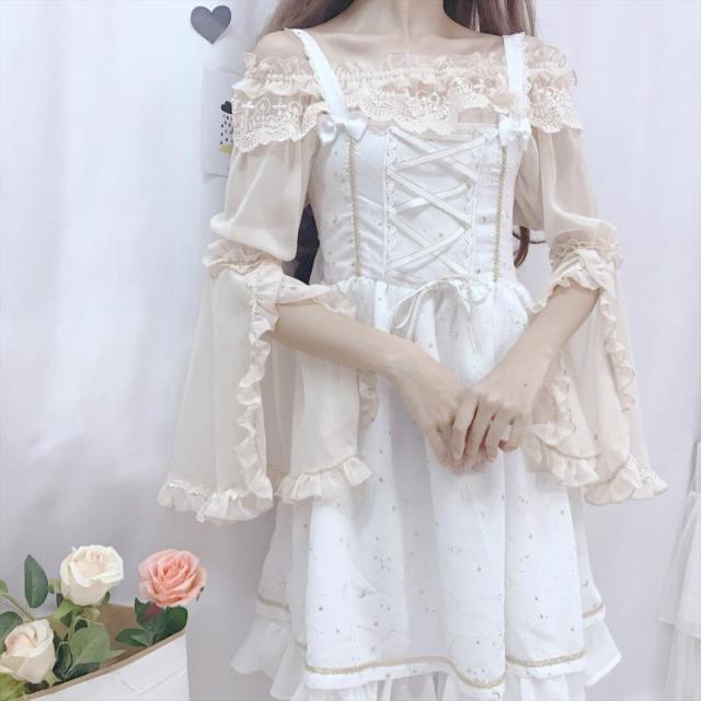 ブラウス 女性用 レース インナー ロリータ風 インナー ワンショルダー プリーツスリーブ フレアスリーブ シフォン トップス プリント フラウンス レース ウェーブ 切り替え ポリエステル 素材 気質 通勤 スタイル 英倫風 セットインスリーブ フィブ