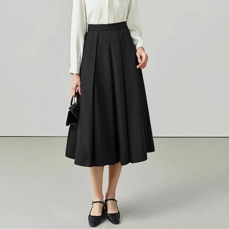 半身スカート 女性用 春夏 通勤風 ミディ丈 Aライン プリーツスカート 切り替えデザイン 気質スタイル ポリエステル混 スパンデックス 微弾性 ブラック ・柑其色 軽量 シワ加工 ハイウエスト 膝丈 フレアスカート ビジネスカジュアル 普段使い 伸縮性