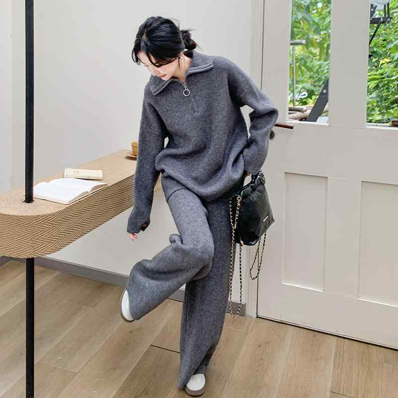 レディース ニット トップス セット グレー 長袖 ワイドパンツ セット 気質グレー ポリエステル 再生繊維 ゆったり スリム シルエット 通勤 通年 着用 可能 長ズボン 袖 コンポジット 加工 気質 通勤 風 OL スタイル 女性 向け ゆったり フ