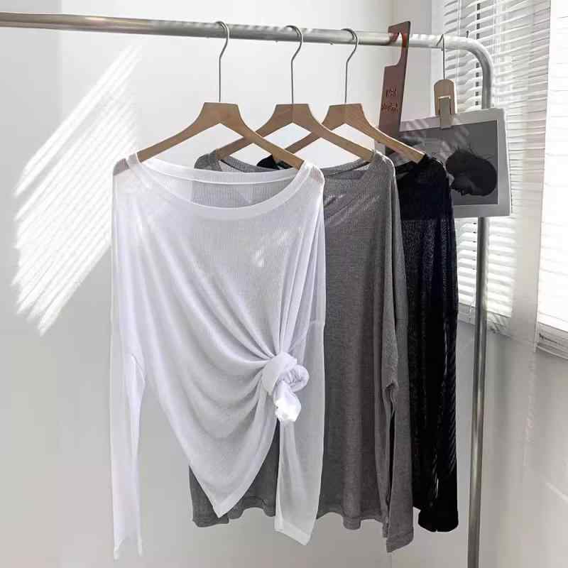 Tシャツ 女性用 夏 慵? 長袖 薄手 透け感 セクシー ルーズ 防晒 綿混紡 純色 セットイン 切り替え 丸首 普通丈 50-65cm ブラック グレー ホワイト 韓国風 カジュアル