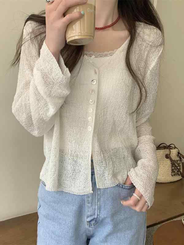 カーディガン 女性用 春夏 通勤 シンプル Vネック 長袖 薄手 修身 スリム 防晒 透け感 気質 ポリエステル 白色 ブラック ピンク ベージュ ブルー 軽量 上品 セットアップ コーディネート ゆったり フィット