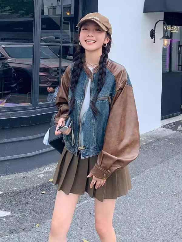 デニムジャケット レディース 短丈 切り替え スタンドカラー PUレザー 春夏 秋 私服 御姐風 名媛スタイル スレンドー ぽっちゃり対応 伸縮性 アウトドア 通勤 普段使い 雪ニール素材 無袖 軽量 接触冷感 ブラック アイボリー ピンク系 ハイウエス
