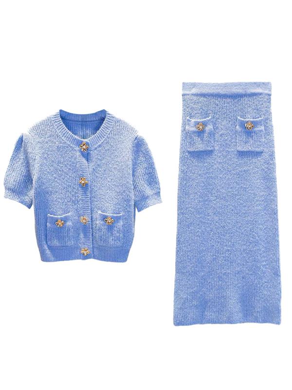 秋冬 ニット トップス 長袖 切り替え セット スカート ロング 包臀 膝丈 女性用 気質 スタイル 私服 セットアップ 粘着繊維 素材 純色 ポケット デザイン 優雅 シルエット ゆったり フィット 軽量 通勤 普段使い 秋冬 シーズン 女性 ファッシ
