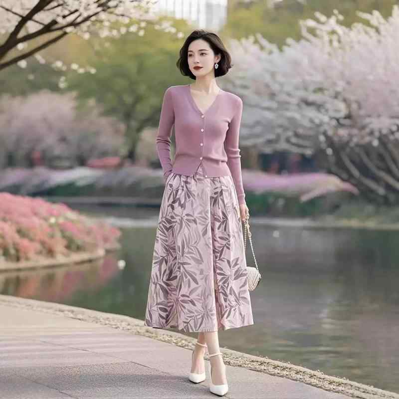 レディース 春夏 ニット カーディガン フラワープリント ミモレ丈 スカート セット 粉紫色 気質 通勤 セットアップ 網? ポリエステル 長袖 ミドル丈 スカートセット 女性用 優雅 スタイル 軽量 吸湿速乾 気質風