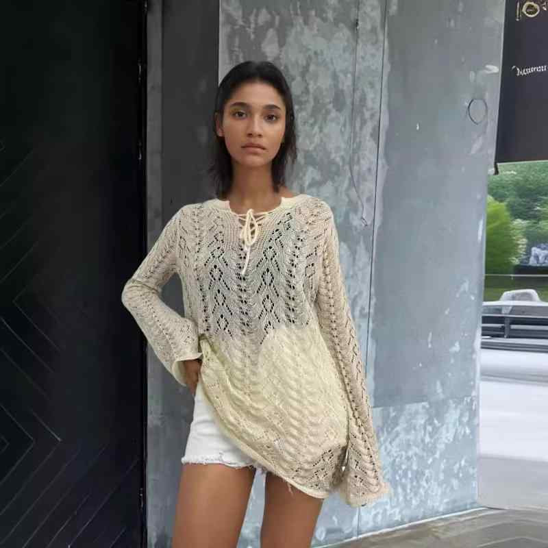 カーディガン 女性用 春夏 杏色 長袖 薄手 ワイドシルエット ゆったり トップス Vネック 紐付き 透け感 レースアップ ニット 切り替え デザイン シャツ コットン混 アクセサリー コーディネート 防風 軽量 吸湿速乾 接触冷感 日常使い ビーチ 外