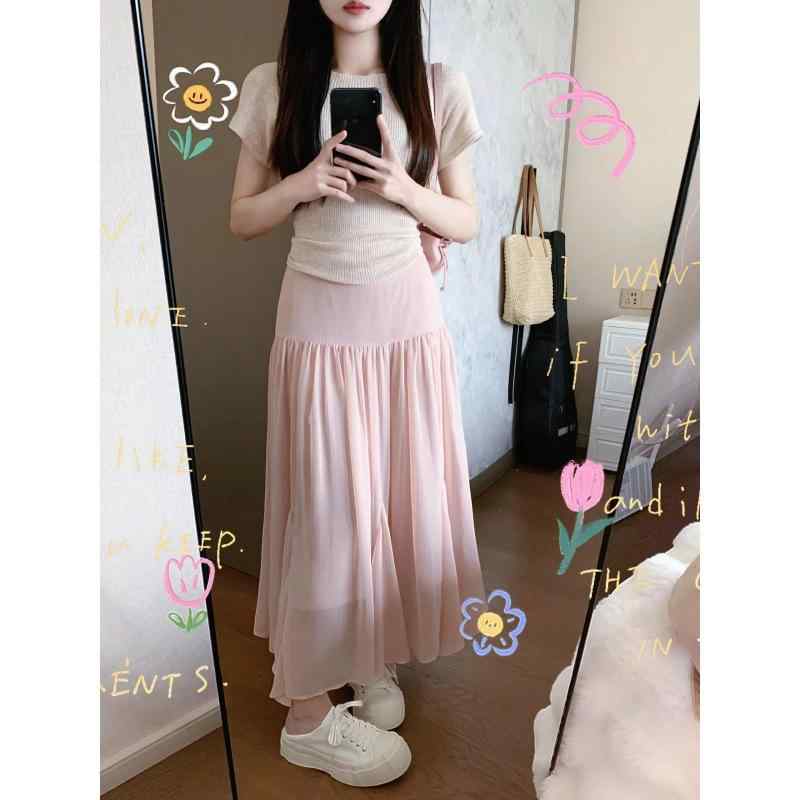 レディース 春夏 セットアップ スカート セット 高腰 ピンク かわいい Aライン 中長丈 ハーフスカート 半高領 ニットトップス 切り替え デザイン ポリエステル 素材 気質 通勤 スタイル 優雅 女性用 気軽 コーディネート