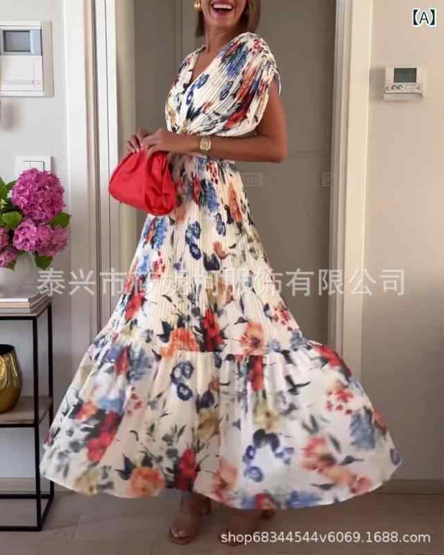 ワンピース 女性用 Vネック 花柄 プリーツ ロングドレス フレアスカート 挿肩短袖 中腰 切り替え デザイン ポリエステル 白 春季 気質通勤 都市スタイル 軽やか 伸縮性 吸湿速乾 日常使い 旅行 リゾート かわいい ゆったりシルエット シンプル エ