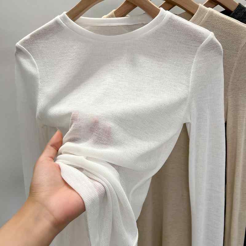 レディース 防紫外線 Tシャツ トップス 長袖 透視 切り替え 接触冷感 薄手 軽量 ブラック ホワイト 夏 春夏 通勤 通勤用 普段使い 都市風 快適 気質 ゆったり シルエット 丸首 吸湿速乾 再生繊維 95%以上 普通丈 50cmから65cm 気質