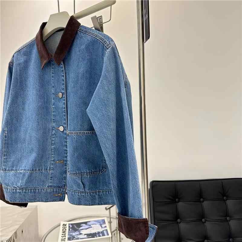 秋冬 ジャケット レディース 牛仔布 長袖 ポロ領 復古 切り替え コットン ポリエステル ワイド シルエット ライトブルー 秋カラー ゆったり フィット 日常使い 軽量 伸縮性 吸湿速乾 早秋 スタイル コート トップス ブルゾン ショート丈 フラップ