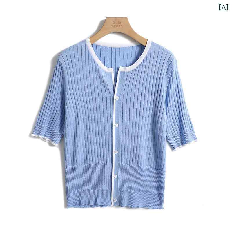 編み物 ジレー 亭主もち用 夏 薄っぺら 上品さ か細い 中袖 開き Vのど首 短袖 ティーシャツ 上張り 粘膠衣料繊維 単色 引っ切りない 原則として袖 丸領 五分袖 光輝糸 編み物編み 名取り草 青碧 さくら色 角袖巡査 名媛風 小香風 好いたらしい 休?