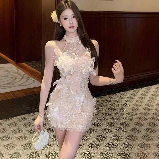 連衣裙 成人女性用 包臀スコート 風ネットヤー ハング素っ首 短款 人となり 妖精風 立体花? 礼服スコート TR原材料 PVC 露背 立体装? うつり変わり 中腰 短裙 無袖 三春 杏色 文?返り咲き 中国風 一粒扣 名取り草