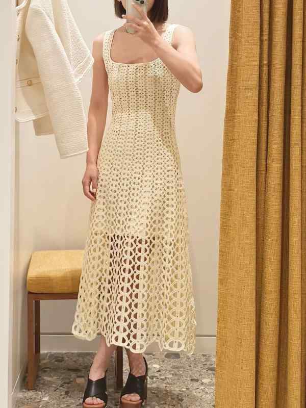 ワンピース レディース 春夏 吊り帯 Uネック 長丈 ニット ワンピース 女性用 気質 通勤 スタイル 優雅 風 黄色 ブルー Aライン ミッドレングス スリムフィット 無袖 ハングネック セットアップなし｜フォークBR