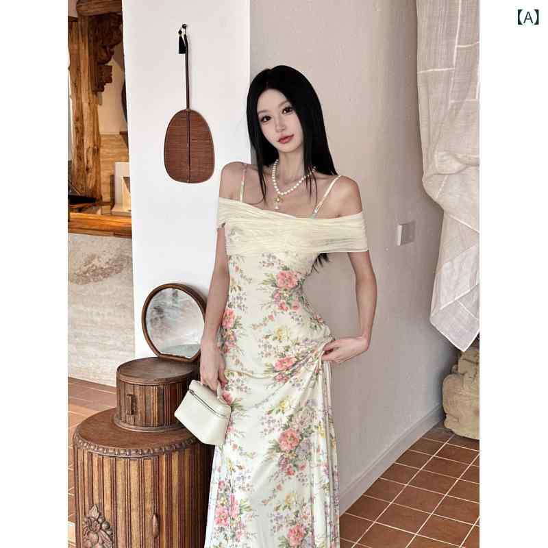 衣装 レディース 春夏 吊り帯 長袖 長丈 包臀 麻原材料 花柄 御花柄 花色 一字領 高腰 街頭風 表どおり表現スタイル 潮人 流行り物 うつり変わり ラッキーアイテム 軽さ 通い用 普段使い走り 心地好い 可愛らしい ビッグ影ぼうし V素っ首風